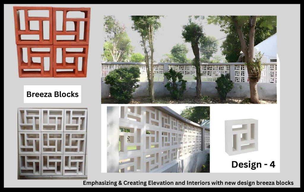 Breeza block in terracotta and white colors, along with real-life installations of the blocks in a boundary wall. Trees and greenery are visible behind the wall, emphasizing both functionality and aesthetic appeal.