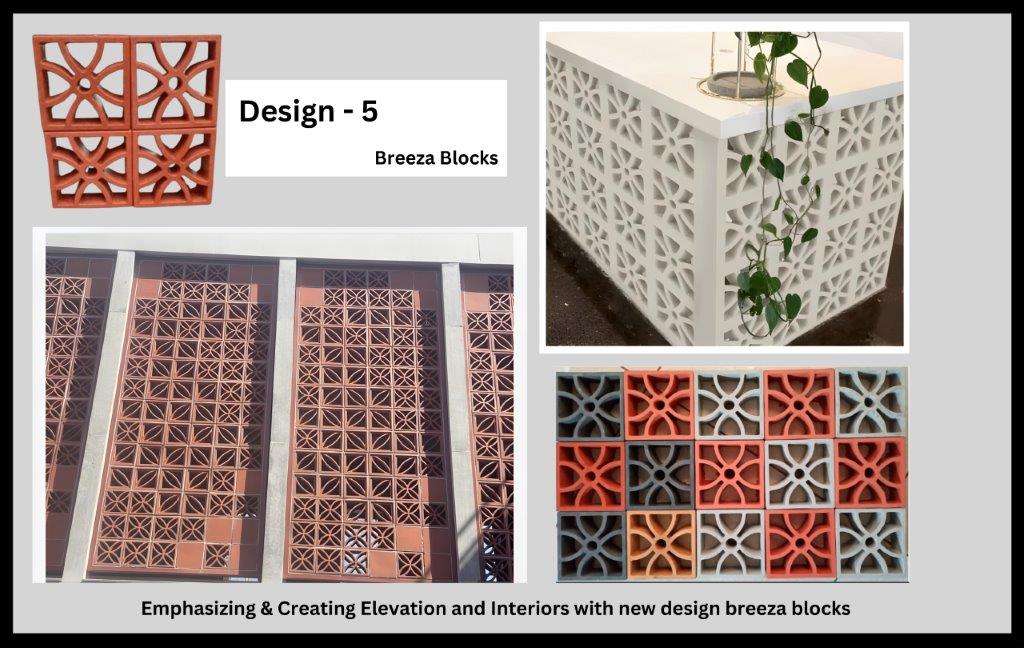 breeza blocks displayed in multiple architectural uses, including multicolor wall panels, exterior building facades, and decorative planter enclosures, showcasing geometric floral patterns for ventilation and aesthetics.
