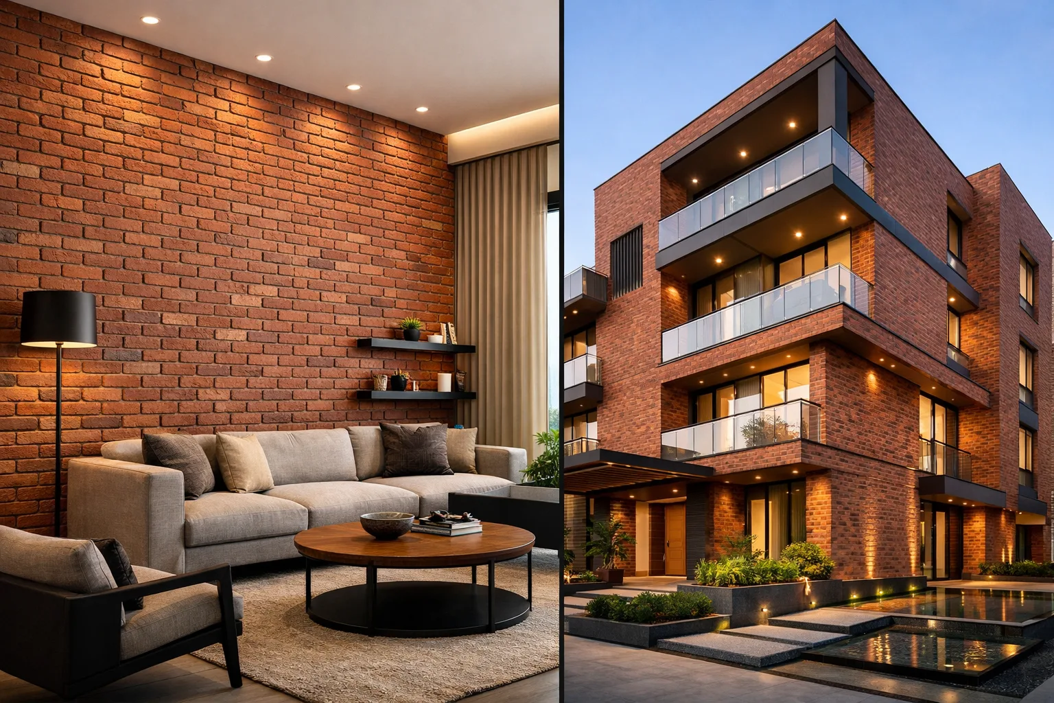 Interior and exterior brick cladding in Ahmedabad showing a modern living room with a premium brick accent Cladding brick wall