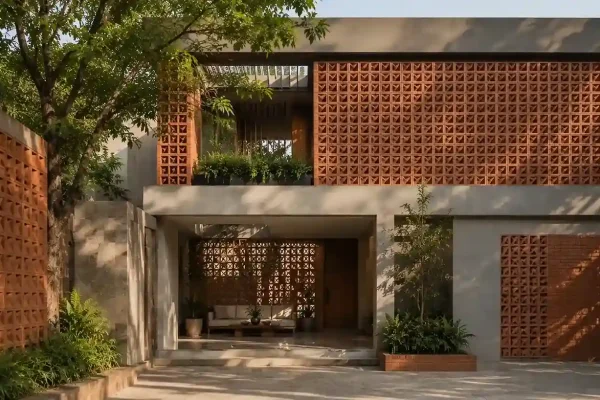 Modern Gujarat villa with breeze blocks and jali wall facade design