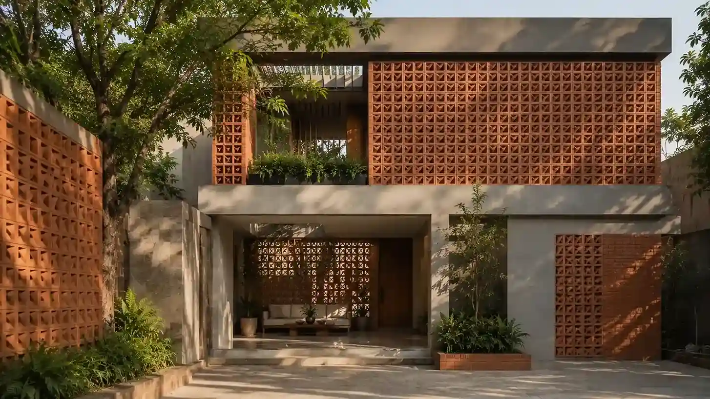 Modern Gujarat villa with breeze blocks and jali wall facade design