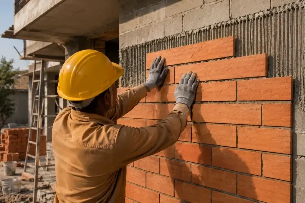 Professional cladding brick installation process on modern Indian exterior wall