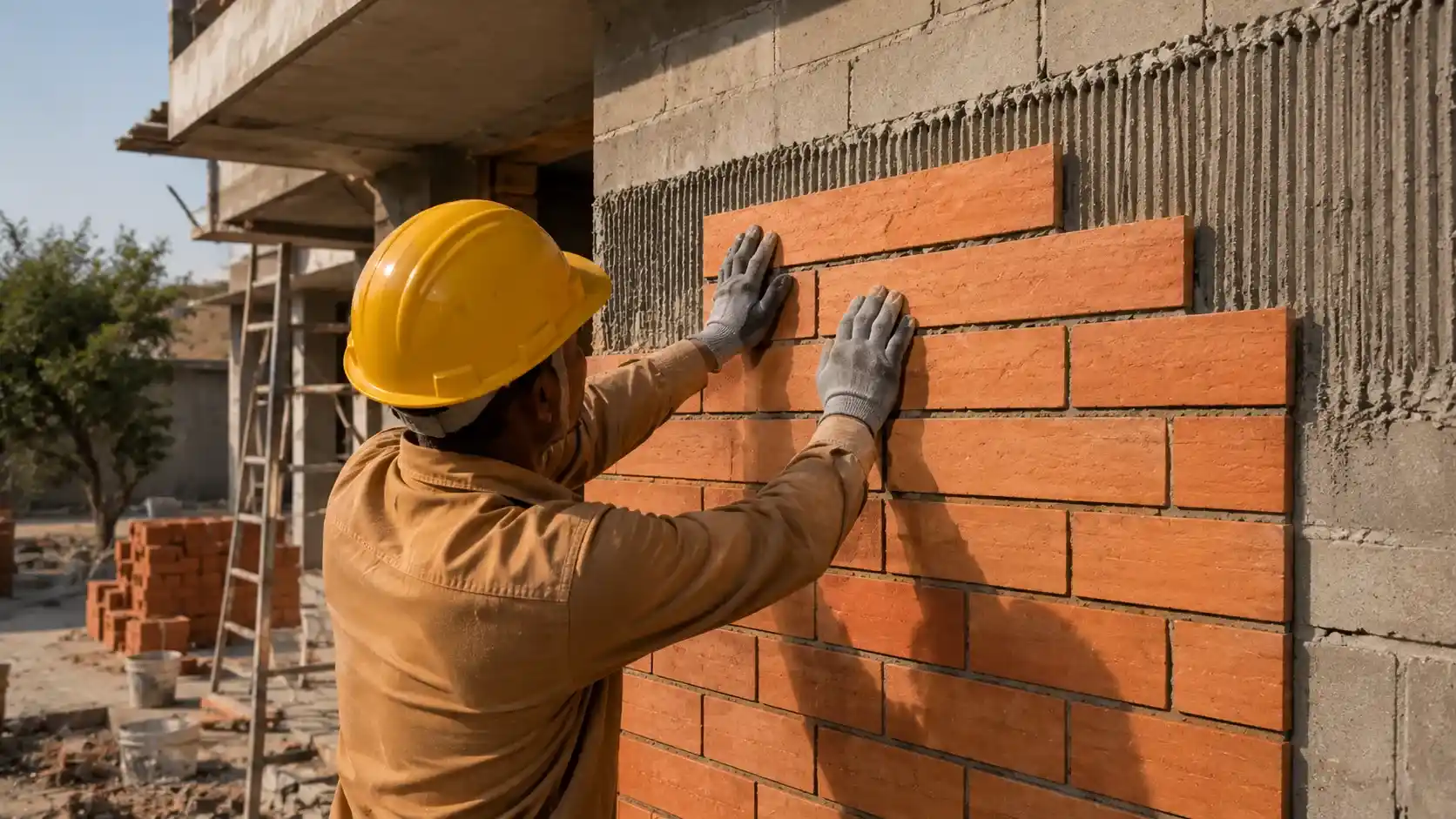 Professional cladding brick installation process on modern Indian exterior wall