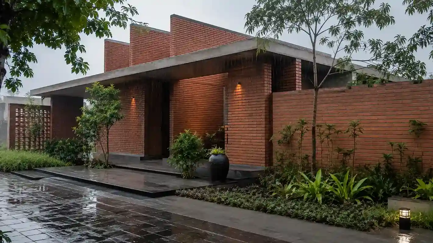 Well-maintained cladding brick wall on Gujarat home during monsoon season