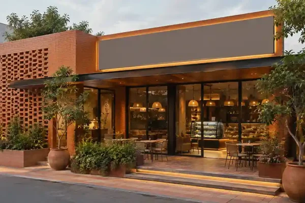 Modern Indian cafe exterior with warm terracotta cladding brick facade design