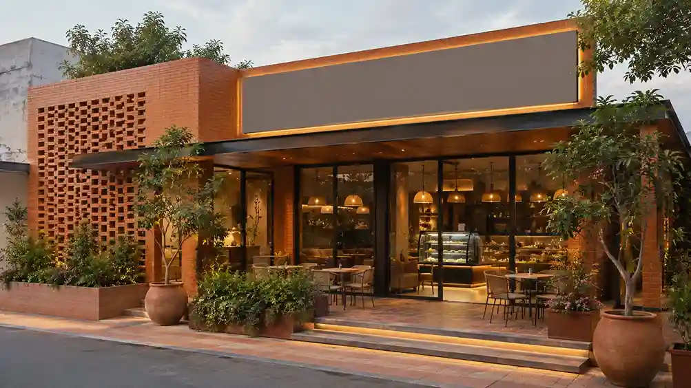 Modern Indian cafe exterior with warm terracotta cladding brick facade design