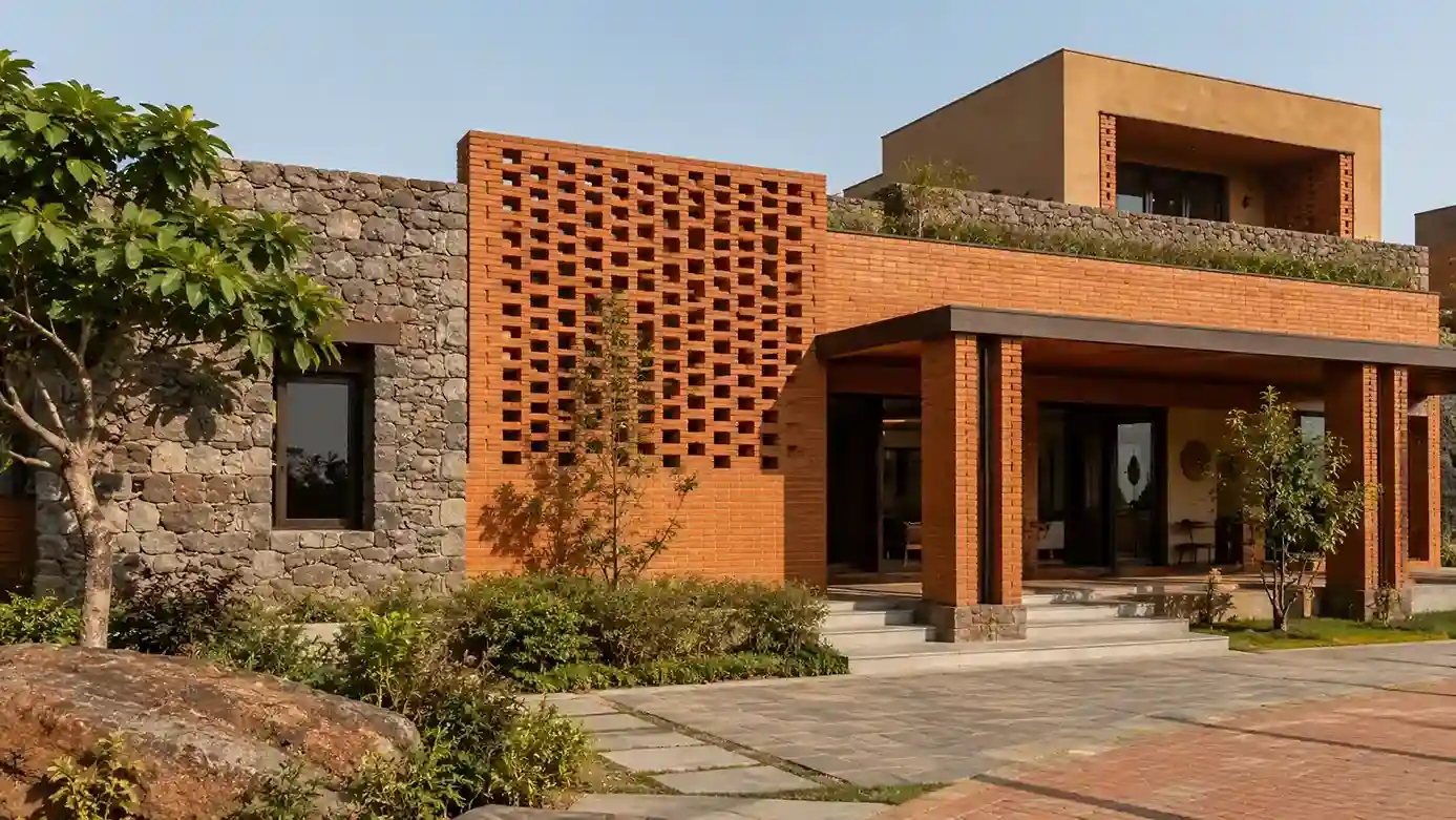 Modern villa comparing cladding bricks and natural stone exterior facade materials