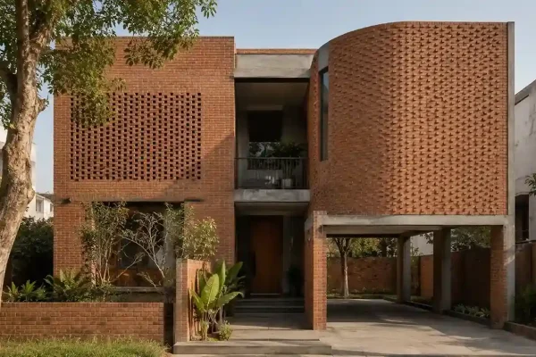 Modern Gujarat villa comparing exposed brick and cladding brick facade designs