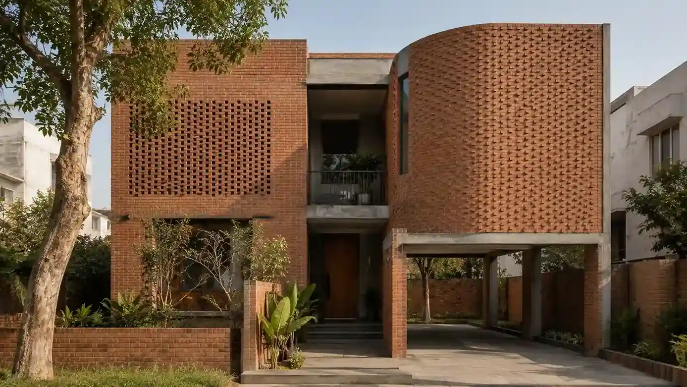 Modern Gujarat villa comparing exposed brick and cladding brick facade designs