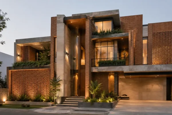 Modern Gujarat villa featuring 2026 exterior elevation and brick cladding trends