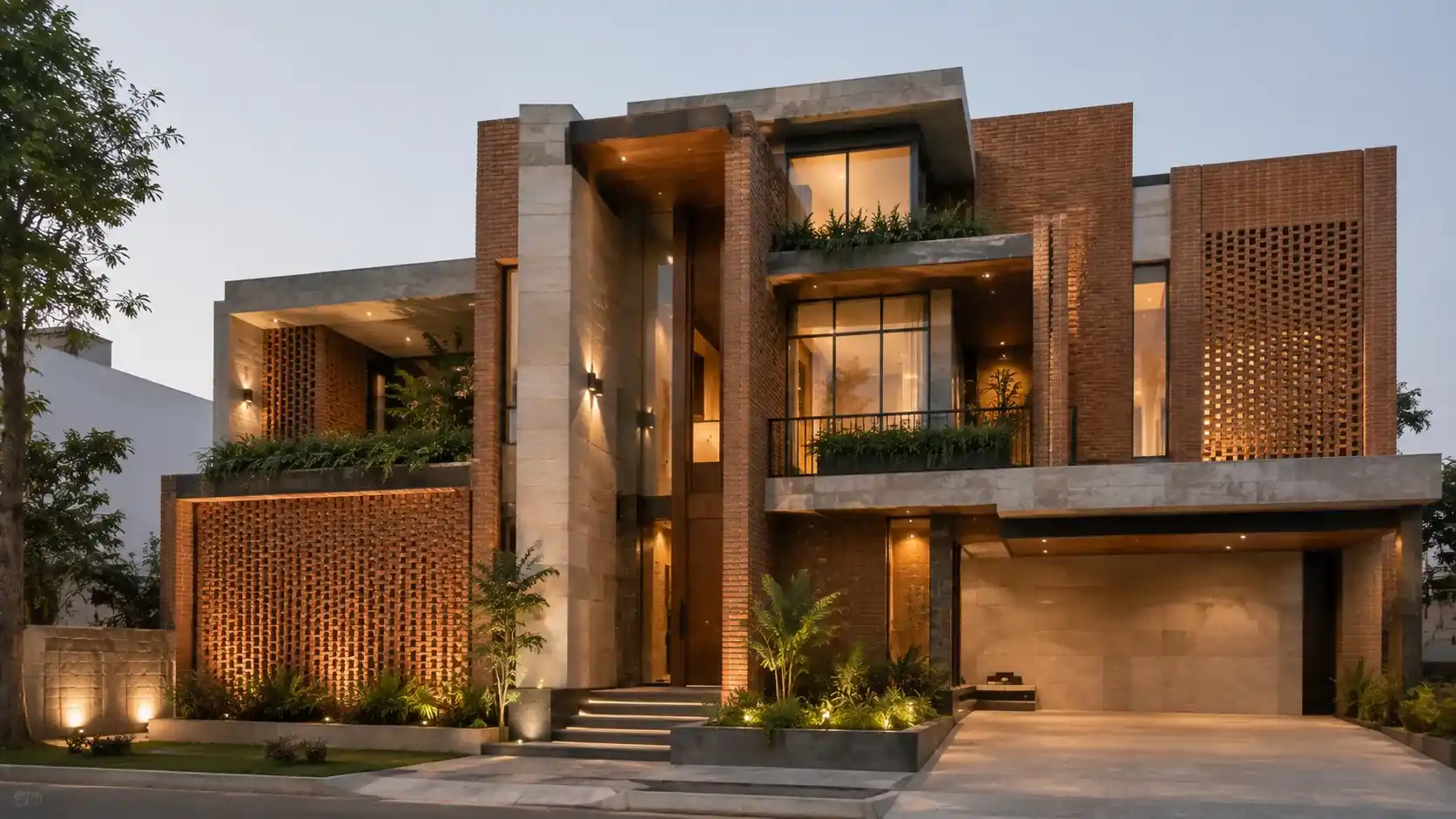 Modern Gujarat villa featuring 2026 exterior elevation and brick cladding trends