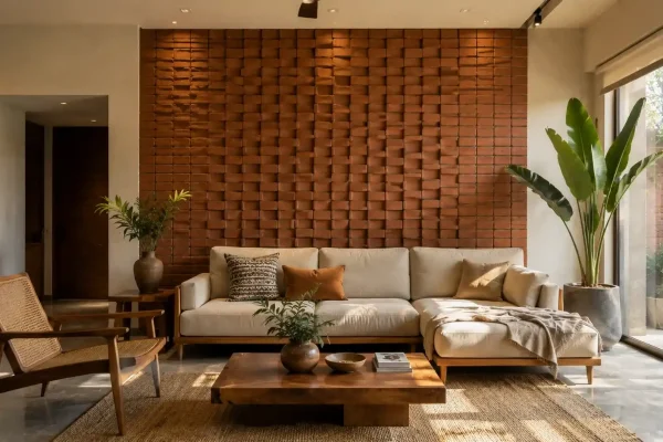 Modern Indian living room with clay cladding brick feature wall and warm interiors