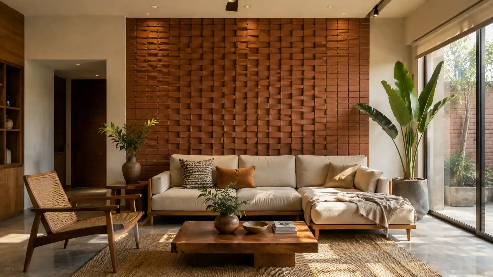 Modern Indian living room with clay cladding brick feature wall and warm interiors