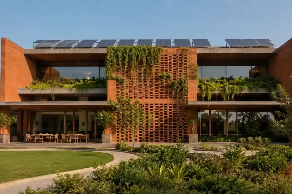 Sustainable Indian building with natural clay cladding and green architectural design