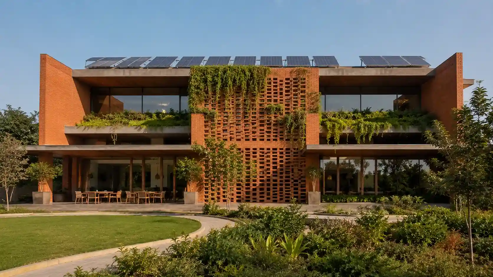 Sustainable Indian building with natural clay cladding and green architectural design